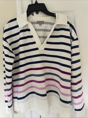 Talbots White Striped Pullover Sweatshirt with Navy and Pink Stripes
